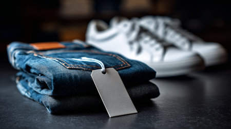 Folded denim jeans blank price tag white sneaker casual style fashion retail shopping modern blue comfortableの素材