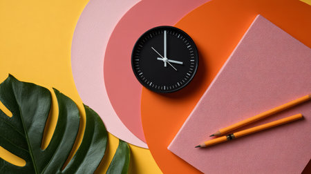 Black clock pink notebook orange pencil green leaf yellow background modern flat lay creative workspace minimal style cheerful moodの素材