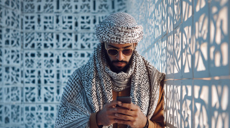 Man traditional clothing sunglasses smartphone patterned wall Middle Eastern modern technology Confident man traditional Middle Eastern clothingの素材