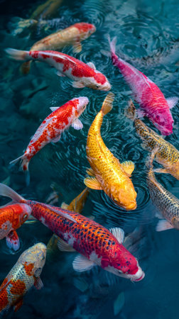 Colorful koi fish swimming gracefully in clear blue water, creating peaceful and vibrant aquatic sceneの素材
