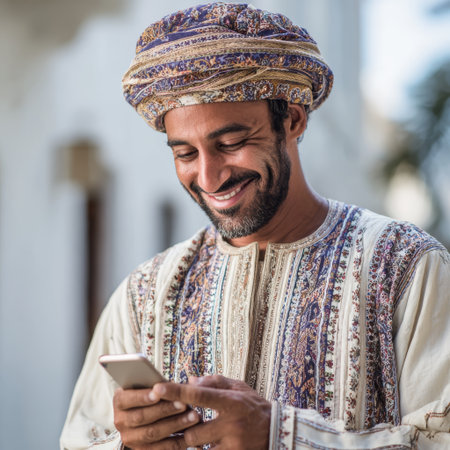Smiling man wearing traditional Middle Eastern clothing and turban using smartphone outdoors, joyful expressionの素材