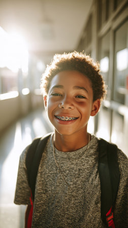 Smiling boy backpack hallway sunlight casual happy braces curly hair school cheerfulの素材