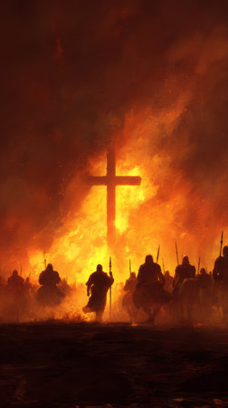 Silhouetted medieval warriors march toward burning cross in dramatic fiery battlefield, evoking intense emotion and historical conflictの素材
