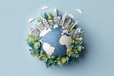 Eco cityscape globe, sustainable urban buildings, green plants, blue sky, environmental conservation, clean energy, modern architectureの素材