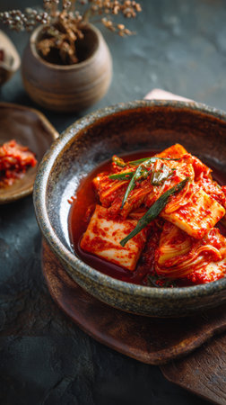 Spicy kimchi cabbage, chili, garlic, and green onion in rustic ceramic bowl, traditional Korean fermented food, appetizing and vibrantの素材