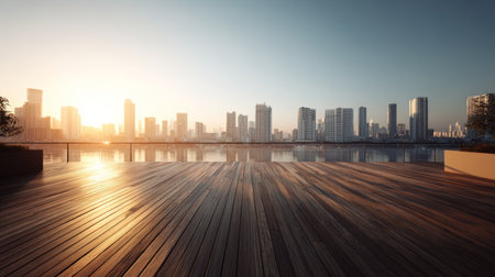 Modern city skyline sunrise wooden terrace urban waterfront tranquil morning reflection architecture peaceful outdoor panoramic viewの素材