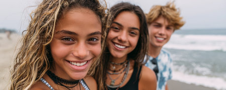 Smiling teenagers beach summer friendship happiness casual outdoor wavy hair necklace ocean cheerfulの素材