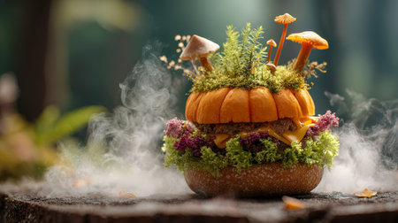 Pumpkin mushroom lettuce cheese burger fantasy nature forest creative whimsical whimsical pumpkin burger with mushrooms lettuce cheese and forestの素材