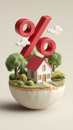 House percentage symbol tree cloud green roof real estate finance savings investment floating miniature peacefulの素材