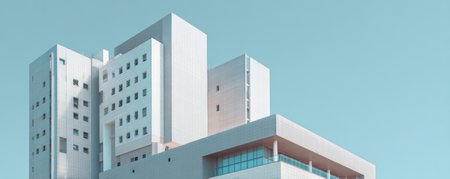 Modern white building, minimalist architecture, blue sky, geometric shape, urban cityscape, clean lines, contemporary styleの素材
