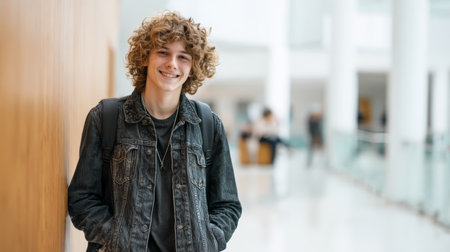 Curly haired teenage boy smiling, wearing denim jacket and backpack, standing in bright modern hallway, casual and confident moodの素材