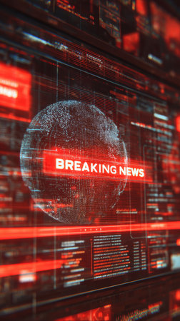 Breaking news digital screen, glowing red globe, urgent information, futuristic style, technology, dramatic atmosphereの素材