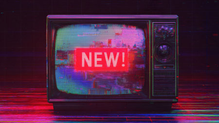 Old television retro screen glitch effect neon color static new announcement vintage style nostalgic moodの素材