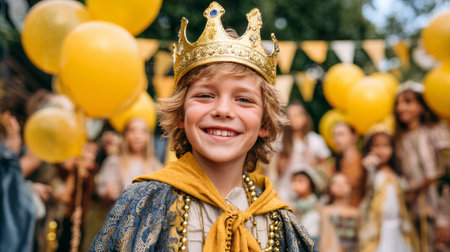 Smiling boy wearing gold crown and royal costume at outdoor party with yellow balloons, festive and joyful atmosphereの素材