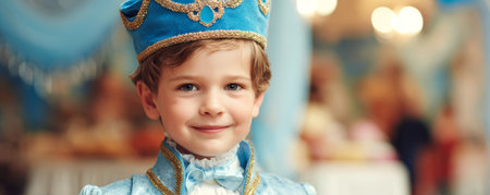 Smiling boy blue prince costume gold trim royal hat child happy indoor festive elegant fantasyの素材