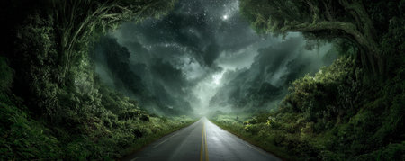 Mysterious road stretches through dense green forest under dramatic night sky filled with stars, evoking wonder and adventureの素材