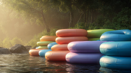 Colorful inflatable tubes river summer outdoor relaxation water forest morning light adventure leisureの素材