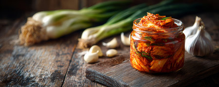 Kimchi cabbage garlic green onion fermented spicy traditional Korean food rustic Kimchi cabbage garlic green onion fermented spicy traditionalの素材
