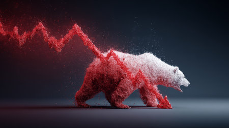 Bear red arrow downward trend financial market loss concept aggressive symbol risk. polar bear with red downward arrow symbolizes financial marketの素材