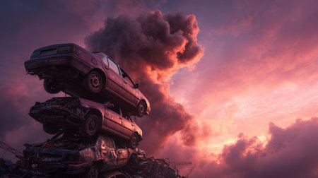 Abandoned car junkyard sunset dramatic sky cloud metal vehicle destruction pollution stackの素材