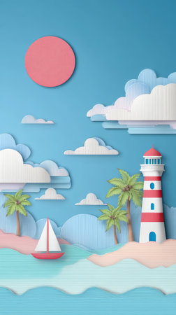 Red sun blue sky white cloud striped lighthouse palm tree sailboat pastel sea sandy beach summer peacefulの素材