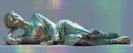 Reclining woman sculpture, iridescent metallic finish, serene expression, classical style, modern art, colorful light reflectionの素材