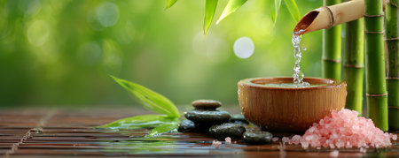 Bamboo fountain water wooden bowl black stone pink salt green leaf bamboo spa relaxation natureの素材