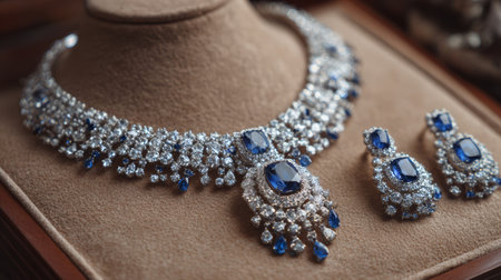 Diamond sapphire necklace earring gemstone luxury elegant jewelry blue white Opulent diamond and sapphire necklace with matching earringsの素材