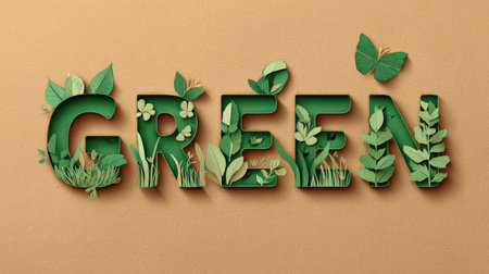 Green eco nature word with leaves, grass, butterfly, and plants on brown background, symbolizing environmental awareness and sustainabilityの素材
