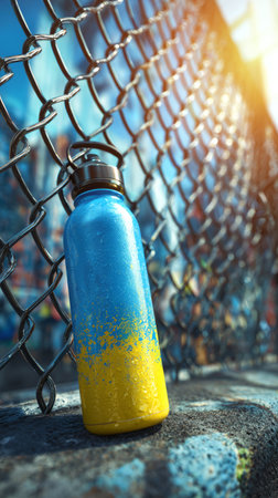 Blue and yellow water bottle with condensation leans against metal fence in urban setting, sunlight creates vibrant and energetic moodの素材