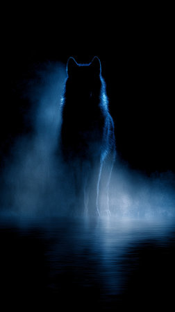 Mysterious wolf silhouette blue light misty atmosphere night reflection wild animal dramatic mood nature darkness solitudeの素材