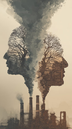 Industrial pollution human silhouette tree smoke environmental impact factory air pollution nature conceptual art contrastの素材