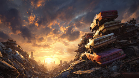 Abandoned car junkyard scrap metal sunset dramatic sky urban pollution decay destruction cityの素材