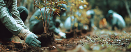 People glove tree soil planting outdoor teamwork environment nature greenの素材