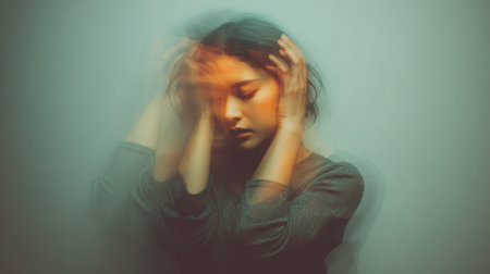 Woman stress anxiety mental health emotional blurred double exposure hands face sadness depressionの素材