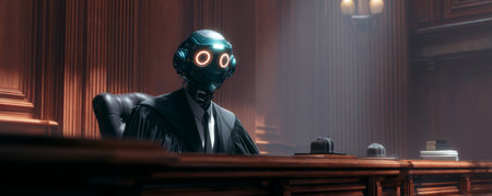 Robot judge courtroom artificial intelligence law technology futuristic legal justice decision authority wooden suit humanoid cybernetic modernの素材