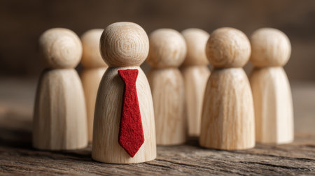 Wooden figure red tie leadership teamwork business group management success concept motivation. Wooden figure with red tie stands front of groupの素材