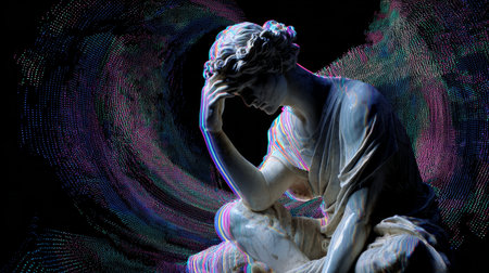 Marble statue classical sculpture digital effect colorful lines contemplative pose artistic dark background emotional ancient surrealの素材