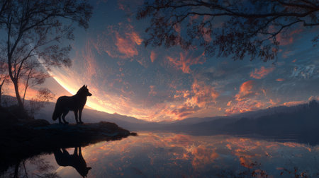 Wolf silhouette, tranquil lake, vibrant sunset sky, dramatic clouds, peaceful wilderness, nature reflection, serene moodの素材
