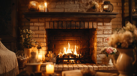 Cozy fireplace warm light brick wall glowing flame rustic decor candle flower inviting atmosphere evening relaxationの素材