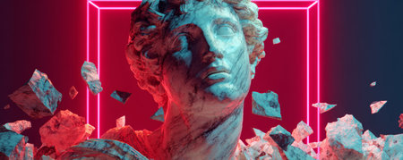 Marble sculpture neon light classical art broken stone surreal vibrant dramatic blue pink ancient expressiveの素材