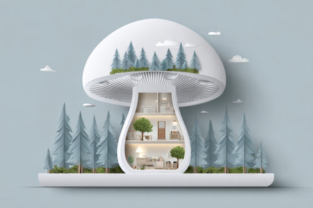 Mushroom house with modern interior, surrounded by pine tree, minimal style, whimsical and creative home designの素材