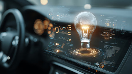 Futuristic dashboard innovation technology light bulb digital interface car interior modern concept creative ideaの素材