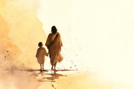 Mother and child walking together watercolor style warm tones emotional gentle family love peaceful soft backgroundの素材