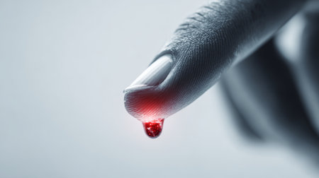 Finger blood drop skin closeup human injury red medical health closeup of human finger with red blood drop fingertip highlighting injuryの素材