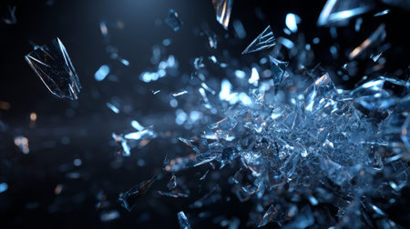 Shattered glass sharp fragment broken transparent surface dramatic explosion dark background dynamic motion chaos dangerの素材