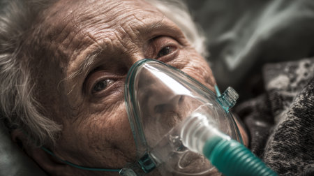 Elderly person oxygen mask hospital bed wrinkled skin close up illness healthcare sadness medical treatment senior patientの素材