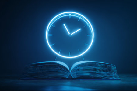 Open book with glowing blue clock above, symbolizing time management, learning, and knowledge in dark backgroundの素材