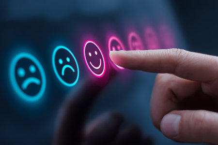 Smiley face satisfaction feedback rating customer service digital touchscreen happiness emotion glowing icons positive experienceの素材