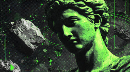 Ancient sculpture green statue classical art stone surreal floating rock digital abstract dramatic mysteriousの素材